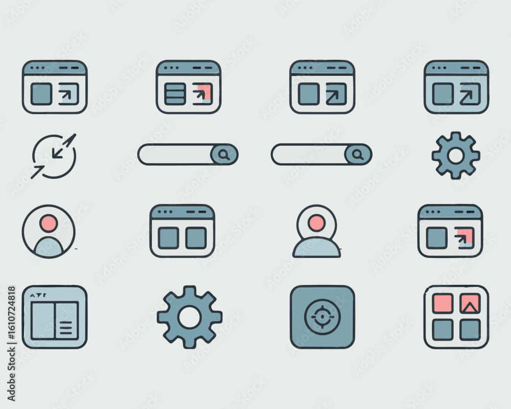 Poster collection of various user interface icons including browser windows and settings on a light backgro