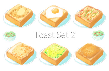 水彩風の6種のトーストセットイラスト(Toast Set 2)