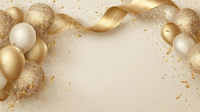 Elegant gold themed decoration with balloons and ribbons for celebrations and special occasions.