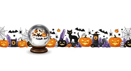 Obraz premium A halloween border with pumpkins, a snow globe, a black cat, and spooky decorations on white