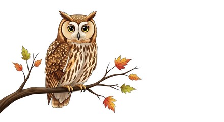 A detailed illustration of an owl perched on a branch with autumn leaves on a white background