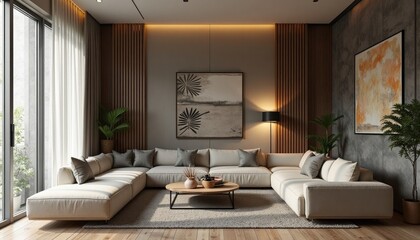 Fototapeta premium Elegant Modern Living Room with Wood Slat Accent Walls and Warm Cove Lighting