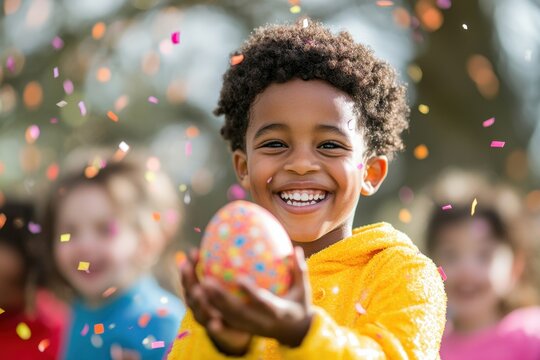 Joyful African American boy celebrating Easter with colorful confetti during an outdoor event, confetti over african american boy holding easter egg with children at easter egg hunt