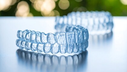 Clear aligners for teeth correction rest on a reflective surface
