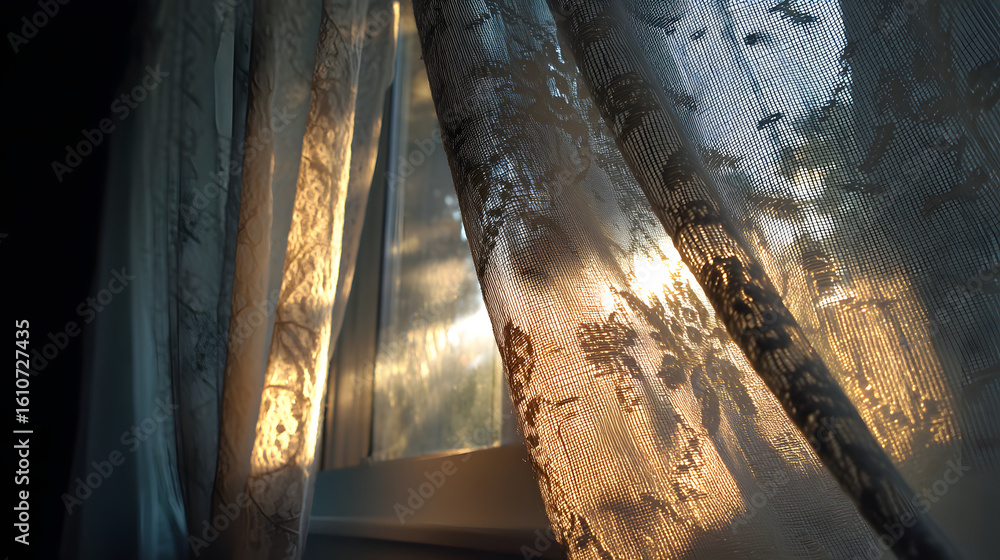 Poster curtain with light: a delicate curtain of sheer fabric dances gracefully in the breeze, illuminated 
