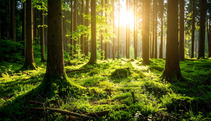 Sunlight Filtering Through Dense Forest in Morning