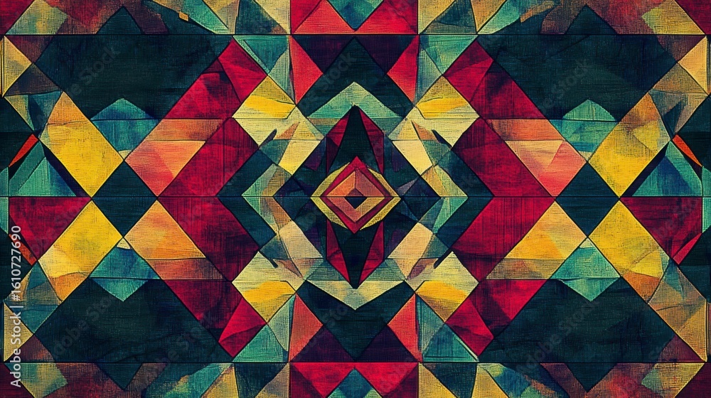 Poster abstract geometric pattern with vibrant colors and symmetrical design.