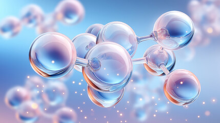 3D molecular structure with transparent glass spheres connected by golden bonds,  scientific visualization, chemistry concept art, laboratory aesthetic, floating ,nanotechnology, big data.