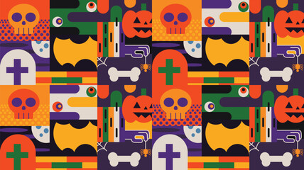 Modern geometric halloween icons flat design seamless pattern