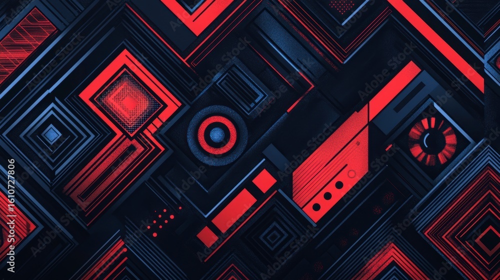 Poster abstract geometric pattern with red and blue shapes.