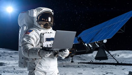 Fototapeta premium Astronaut on lunar surface using laptop near solar panel