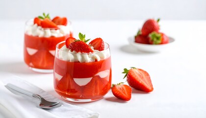 Layered strawberry pudding and cream dessert in a clear glass, topped with fresh strawberries and mint. Elegant, colorful, and delicious treat on white background.