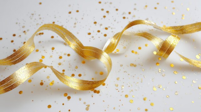 Shimmering gold ribbon and confetti scattered on a white background, perfect for festive celebrations and events.