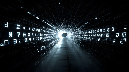 Data Stream: A digital tunnel illuminated by glowing characters, suggesting the flow of information in cyberspace