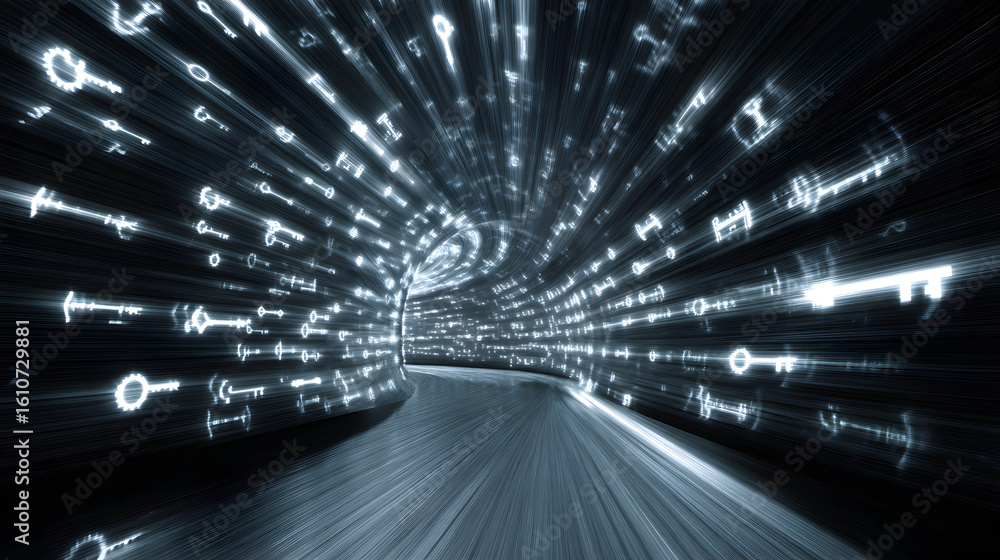 Poster keys to cyber security: a dynamic tunnel of digital keys, illuminated and suggesting concepts like a