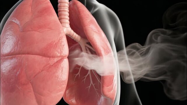 Realistic 3D animation of human lungs illustrating the process of breathing and the impact of smoke inhalation