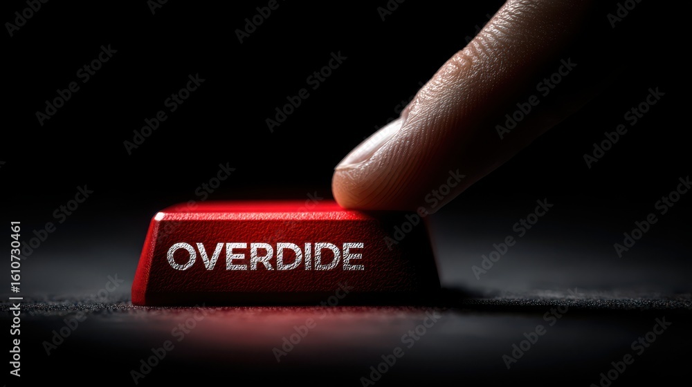 Poster psychology power control concept. red override button being pressed by a finger in low light.