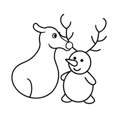 Reindeer gently nuzzling a snowman in winter friendship scene line art vector illustration