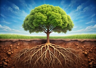 Majestic tree with a powerful root system shown in a cross-section of rich soil, symbolizing life's foundation, growth, and environmental stability.