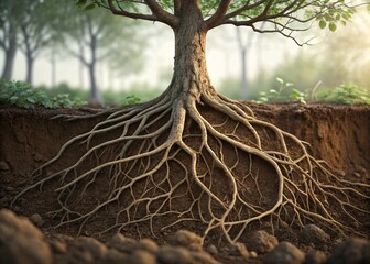 A majestic tree with its intricate root system exposed in a soil cross-section, illustrating growth, strength, and a deep foundation.