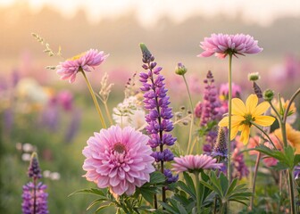 A vibrant field of blooming summer flowers, including pink dahlias and purple lupines, basking in the soft golden hour sunlight.
