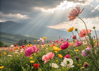 Vibrant Wildflower Meadow with Mountain Backdrop Under Dramatic Skies