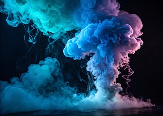 Ethereal plumes of colorful smoke illuminated with vibrant blue and teal neon light, rising against a solid black background.