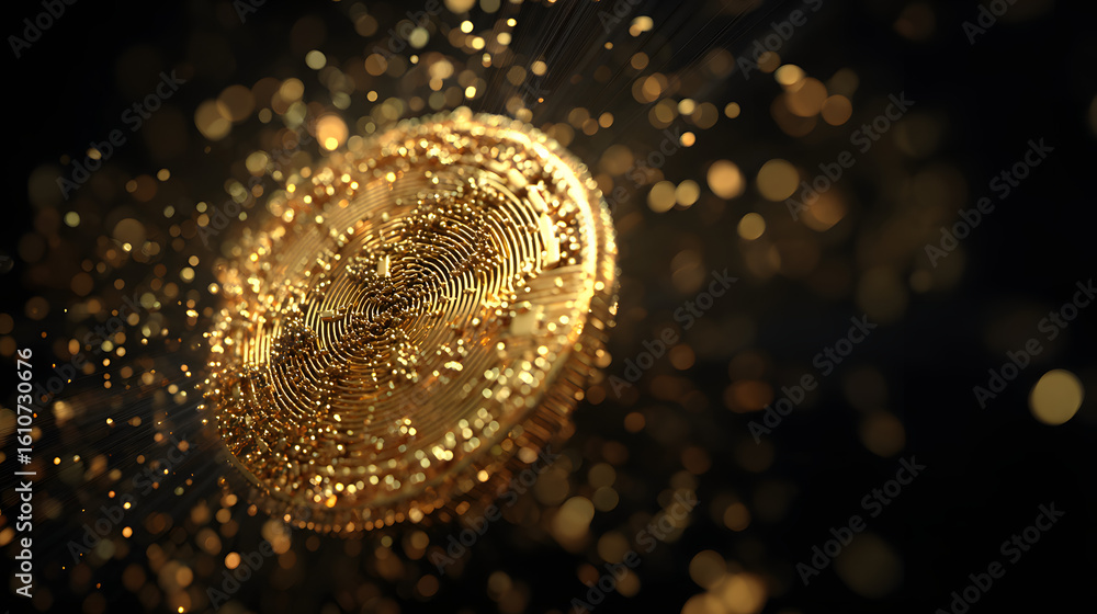 Poster golden coin with sparkle: a close-up of a shimmering golden coin, radiating wealth and prosperity wi
