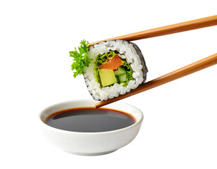 Sushi roll with avocado, cucumber, and fish held by chopsticks above soy sauce bowl