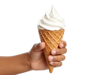 Soft serve ice cream cone held by kid's hand with smooth creamy texture and waffle cone