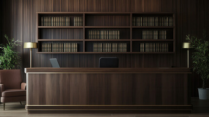 Fototapeta premium Law office reception counter mockup with law books behind interior registration copy space desk design indoor decoration front view Black marble material plant décor