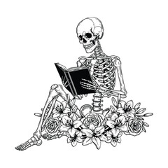 Skeleton reading book, floral skull illustration, spooky book lover design