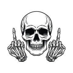 Skull middle finger, skeleton flipping off, rude skeleton illustration, black and white skull art