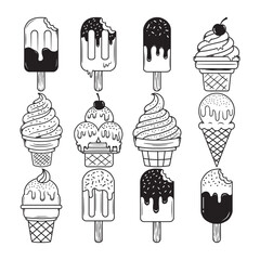 Ice cream bundle, black and white ice cream set, hand drawn ice cream illustrations