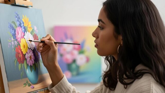 A talented young woman painting a vibrant floral still life on a canvas with a paintbrush.