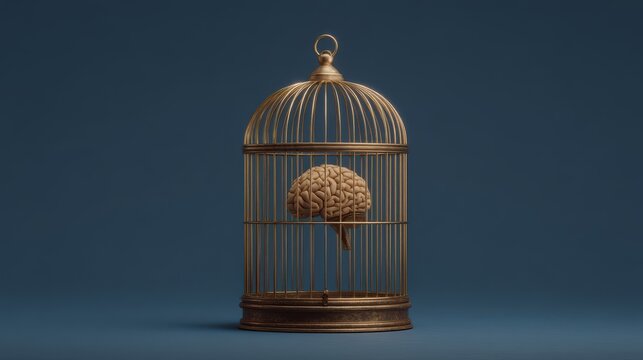 psychology power control concept. Caged brain symbolizes confinement of thoughts and ideas.