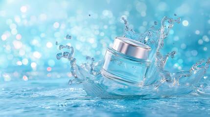 Translucent jar with a silver top, emerging from a splash of crystal-clear water. The background is a blurred expanse of light blue with sparkling bokeh, cream, skin, face, skincare, beauty, cosmetic.