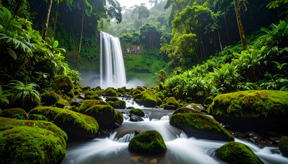 Tall Waterfall Flowing into Mossy Forest Rocks