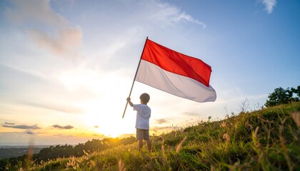 A child holding the Indonesian flag on a hill at sunset. Symbol of independence, hope, and patriotism.