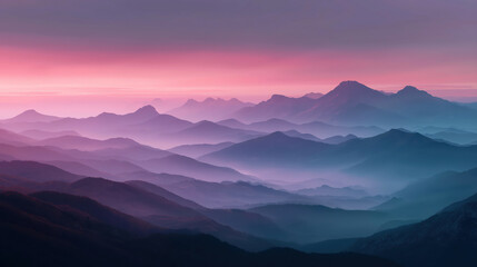Panoramic pastel background with mist mountain peaks in fog. Panorama of a wide landscape with mountains in morning