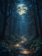 Fototapeta premium Explore the illuminated paths through a mysterious dark forest, where wisdom and purpose intertwine, offering guidance and inspiration Discover the enchanting moonlit trails, leading to