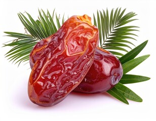 Fresh and Juicy Dates Surrounded by Green Palm Leaves on White Background