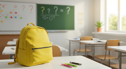 Educational setting with a striking yellow backpack and colorful markers on a desk, ready for students.


