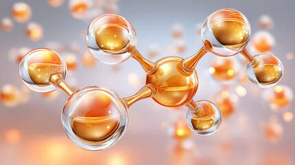 3D molecular structure with transparent glass spheres connected by golden bonds,  scientific visualization, chemistry concept art, laboratory aesthetic, floating ,nanotechnology, big data.