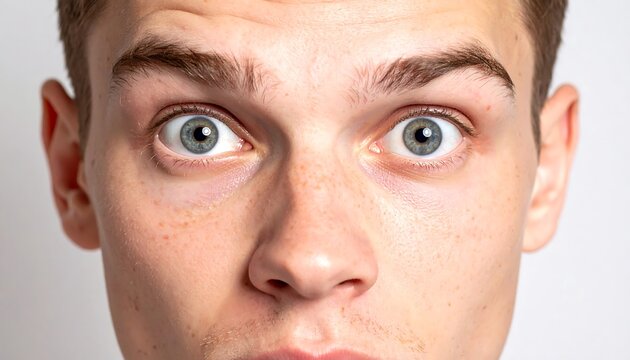 Close-up of a young man's face, eyes wide with surprise or shock
