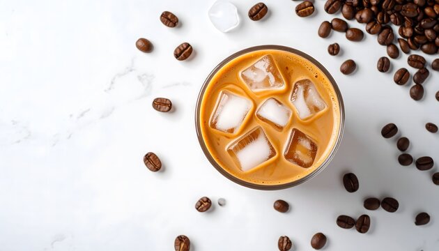 Top view of iced coffee with milk and ice cubes, surrounded by scattered coffee beans on white marble background, minimalist and refreshing beverage concept. - Powered by Adobe