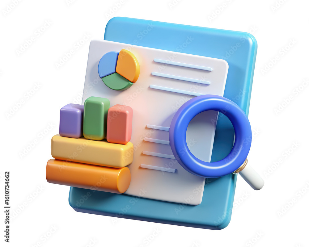 Aufkleber 3d rendered business analysis report with magnifying glass and charts for financial planning and dat