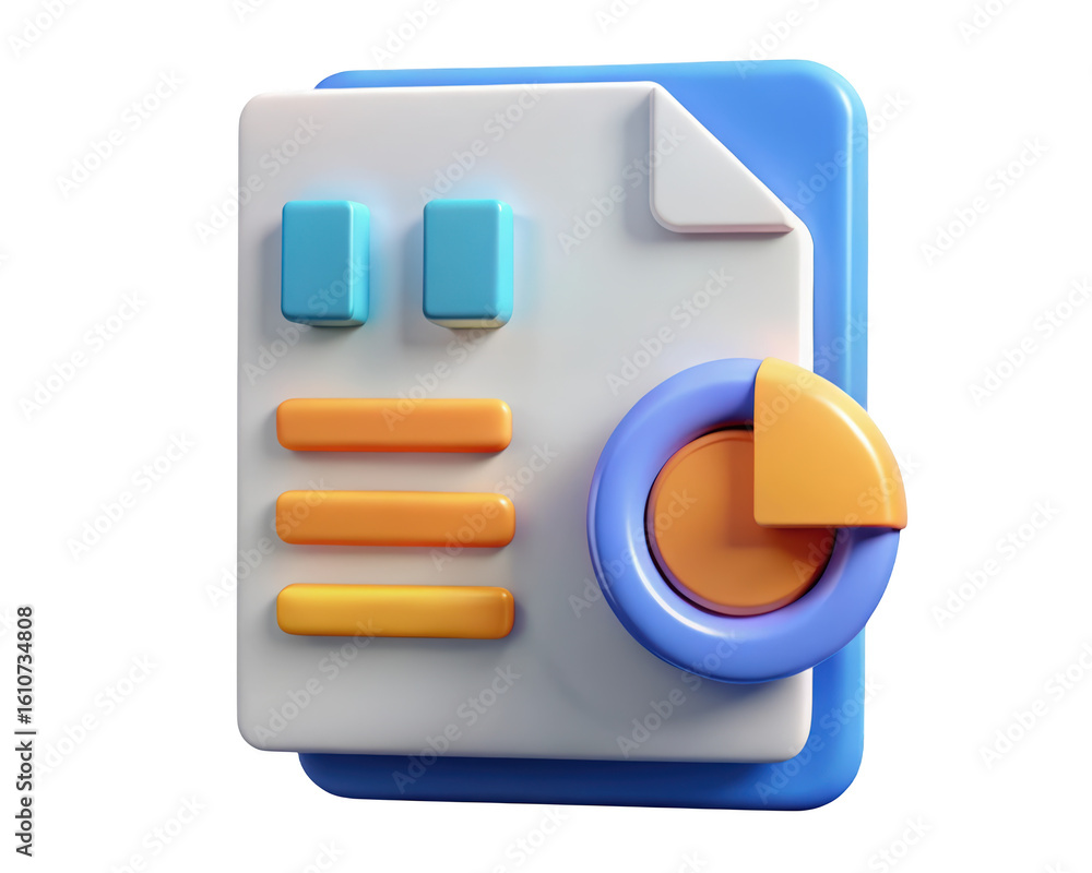 Poster 3d rendered data report file with pie chart illustration for business analytics and financial planni