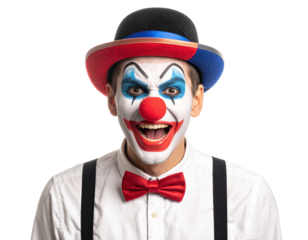 Clown with colorful makeup and hat smiling widely with joyful expression
