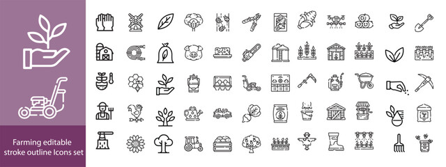 Farming editable stroke outline Icons set. Farming, agriculture, mill, harvesting, vegetables, wheat, milk and egg. Vector illustration